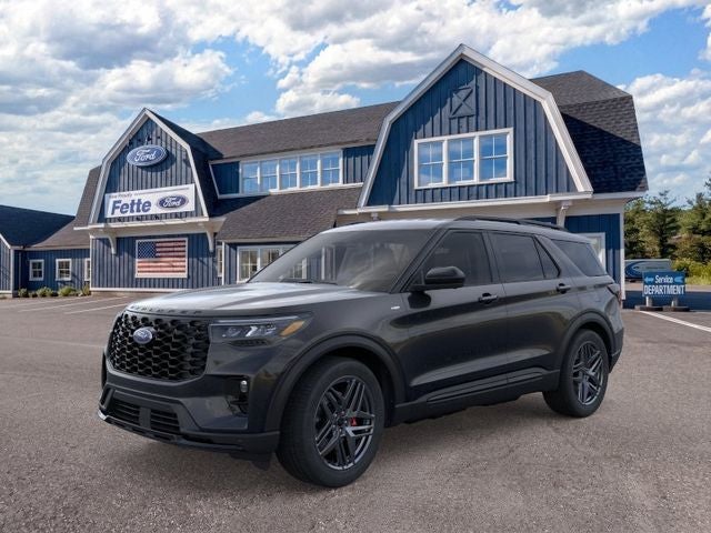 2026 Ford Explorer ST-Line in Agate Black Metallic — front three-quarter view